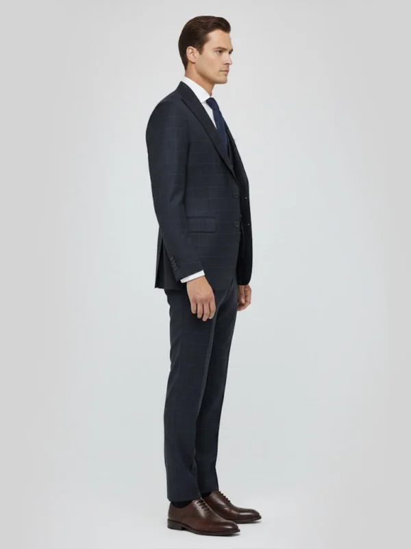 SuitsHeritage Men’s Check Navy Regular Fit 3 Piece Suit Main Side Pose