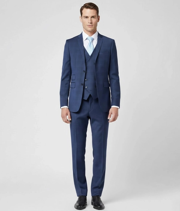 Suit Heritage Men's Blue Plaid Relaxed Fit 3 Piece Suit Front