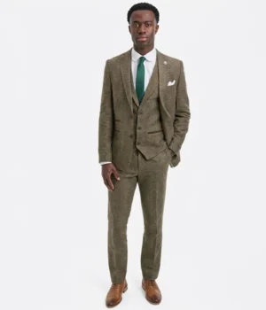 Suit Heritage Men's Herringbone Brown Regular Fit 3 Piece Suit Front