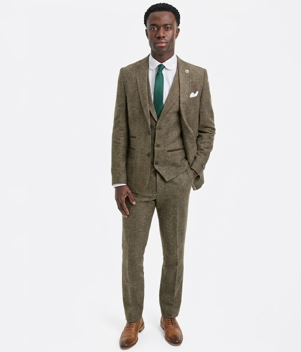 Suit Heritage Men's Herringbone Brown Regular Fit 3 Piece Suit Front