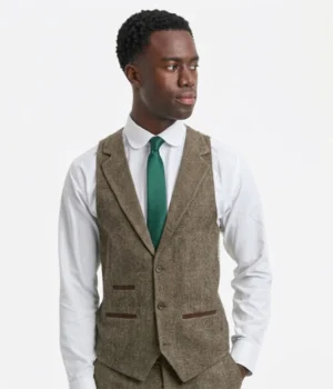 Suit Heritage Men's Herringbone Brown Regular Fit 3 Piece Suit Vest