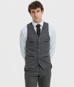 Suit Heritage Men’s Herringbone Grey Regular Fit 3 Piece Suit Vest