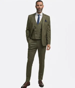 Suit Heritage Men’s Herringbone Olive Regular Fit 3 Piece Suit Front