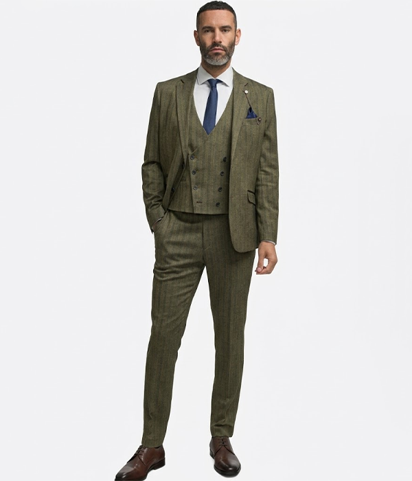 Suit Heritage Men’s Herringbone Olive Regular Fit 3 Piece Suit Front
