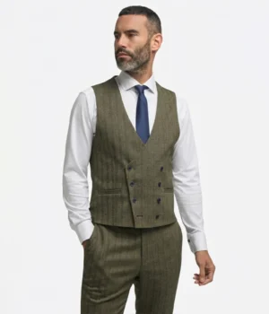 Suit Heritage Men’s Herringbone Olive Regular Fit 3 Piece Suit Vest