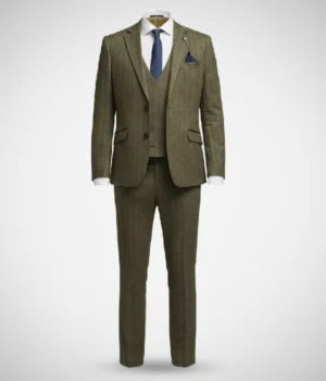 Suit Heritage Men’s Herringbone Olive Regular Fit 3 Piece Suits