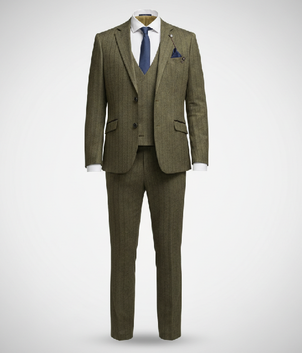 Suit Heritage Men’s Herringbone Olive Regular Fit 3 Piece Suits