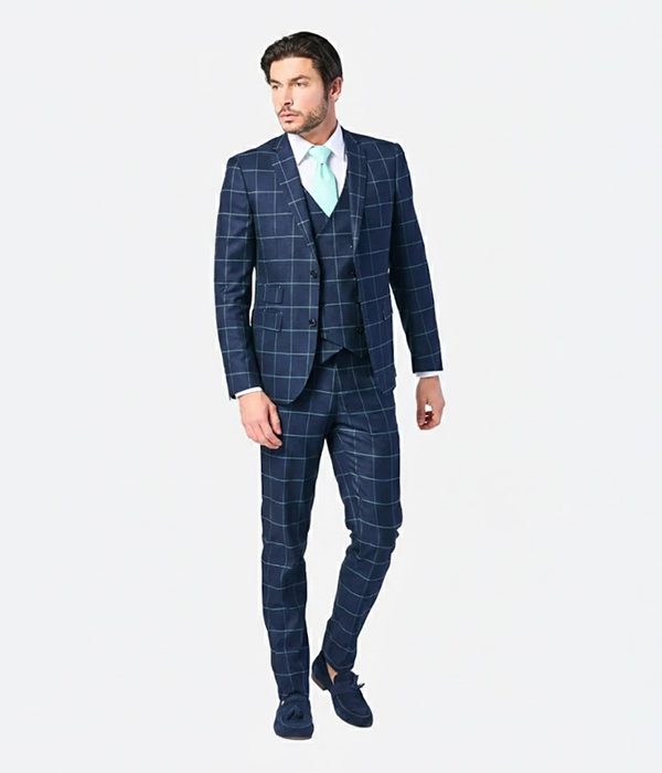 Suit Heritage Men's Navy Plaid Relaxed Fit 3 Piece Suit Front