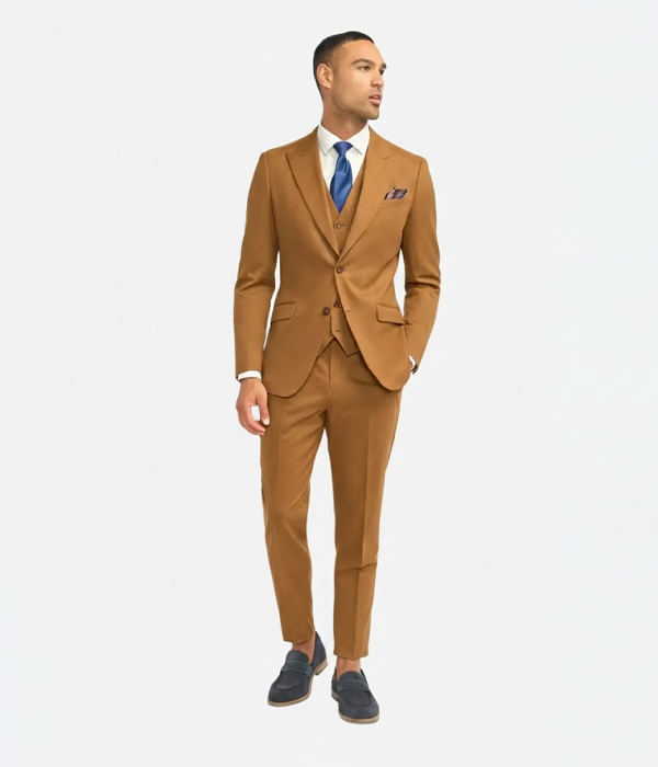 Suit Heritage Men's Solid Camel Regular Fit 3 Piece Suit Front