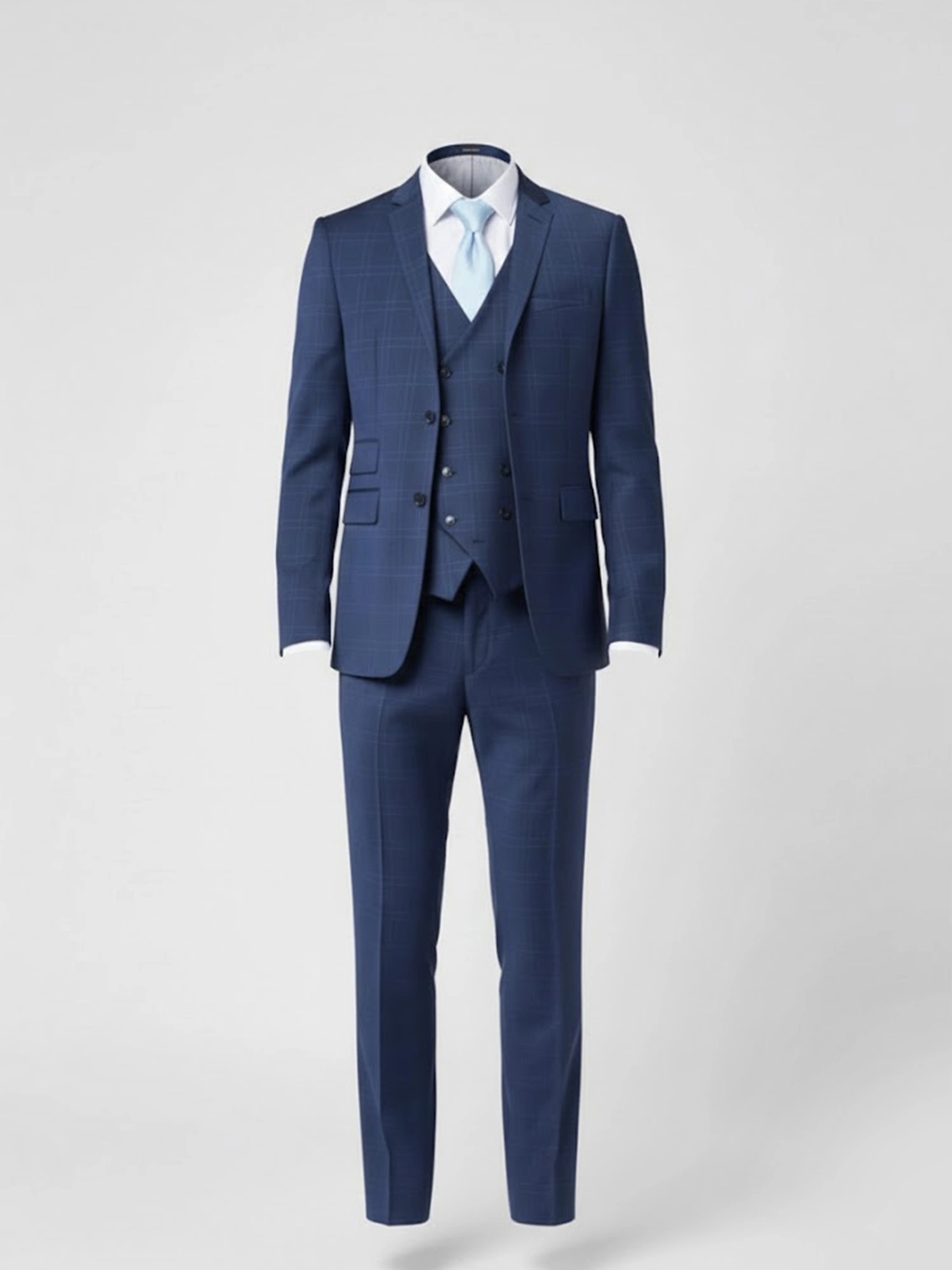 SuitsHeritage Men's Blue Plaid Relaxed Fit 3 Piece Suit