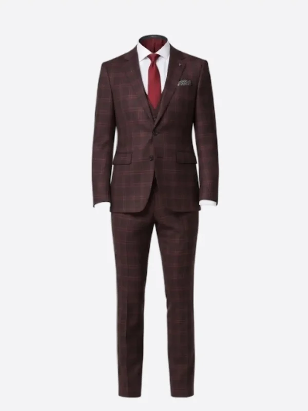 SuitsHeritage Men’s Check Maroon Relaxed Fit 3 Piece Suit Main