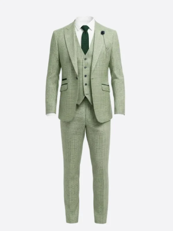 SuitsHeritage Men’s Check Sage Green Regular Fit 3 Piece Suit Main