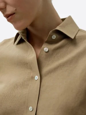 SuitsHeritage Women's Solid Brown Linen Regular Fit Shirt Close