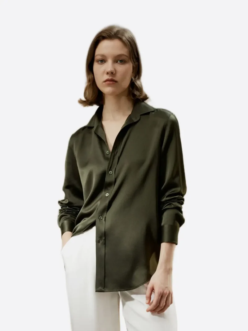 SuitsHeritage Women's Solid Dark Olive Silk Regular Fit Shirt