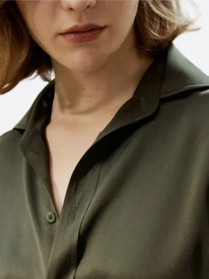 SuitsHeritage Women's Solid Dark Olive Silk Regular Fit Shirt Close