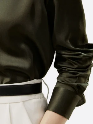 SuitsHeritage Women's Solid Dark Olive Silk Regular Fit Shirt Sleeves