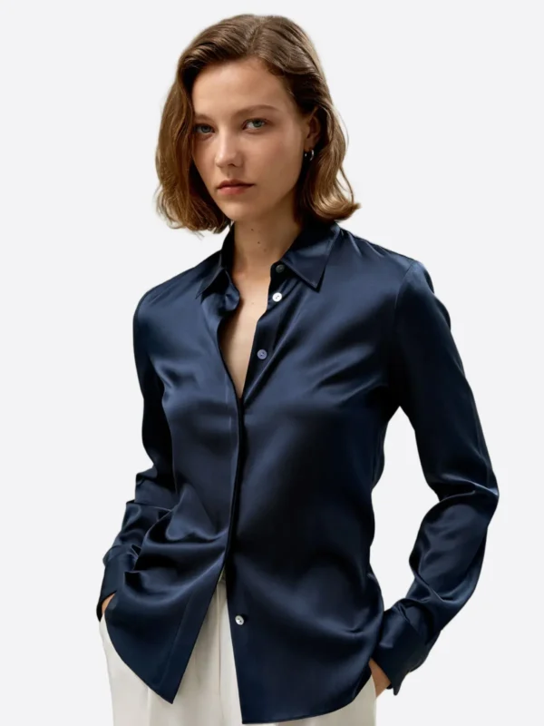 SuitsHeritage Women's Solid Navy Silk Regular Fit Shirt