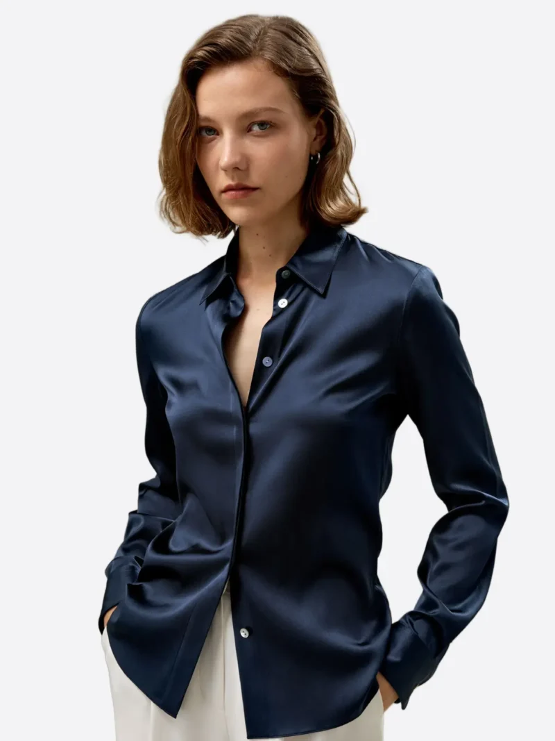 SuitsHeritage Women's Solid Navy Silk Regular Fit Shirt