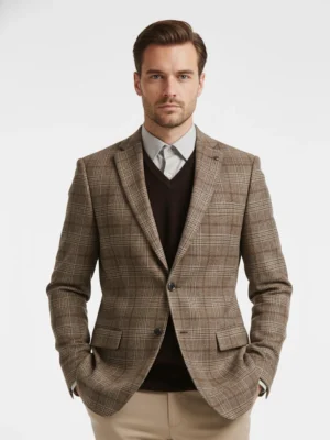SuitsHeritage Men’s Check Light Brown Regular Fit Blazer Close