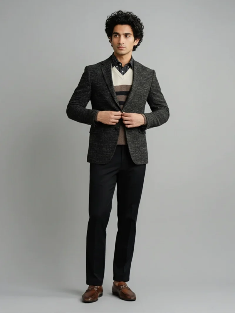 SuitsHeritage Men’s Textured Black Slim Fit Blazer Front