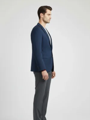 Suitsheritage Men's Plaid Navy Blue Regular Fit Blazer Side pose