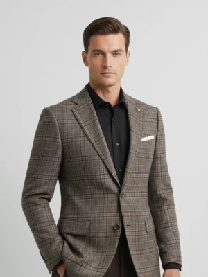 SuitsHeritage Men’s Plaid Brown Regular Fit Blazer Close