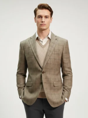 SuitsHeritage Men’s Check Khaki Regular Fit Blazer Close