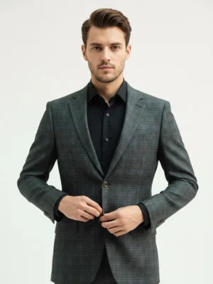 SuitsHeritage Men’s Plaid Grey Relaxed Fit Blazer Close