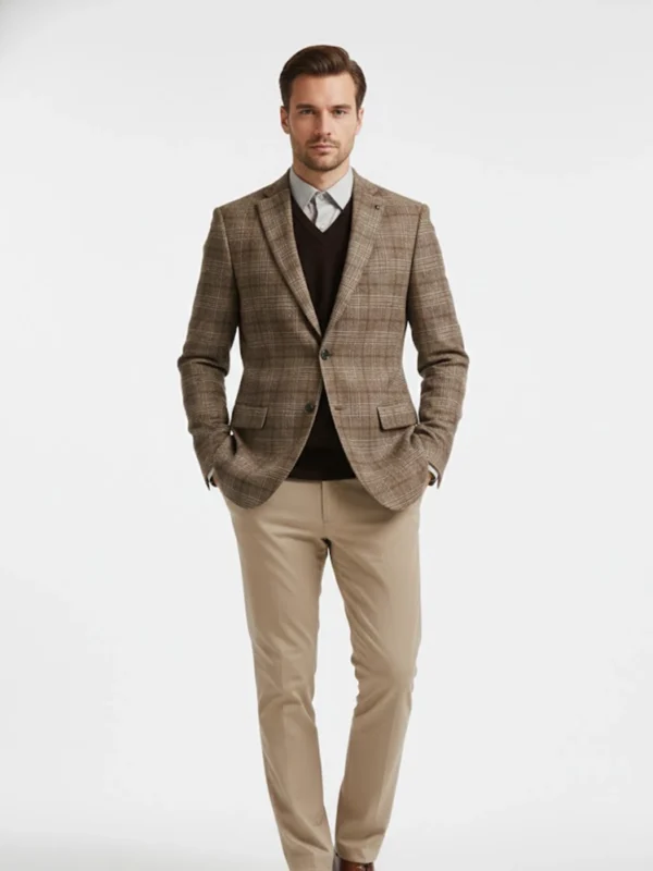 SuitsHeritage Men’s Check Light Brown Regular Fit Blazer Front