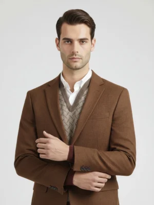 SuitsHeritage Men’s Textured Dark Brown Regular Fit Blazer Close