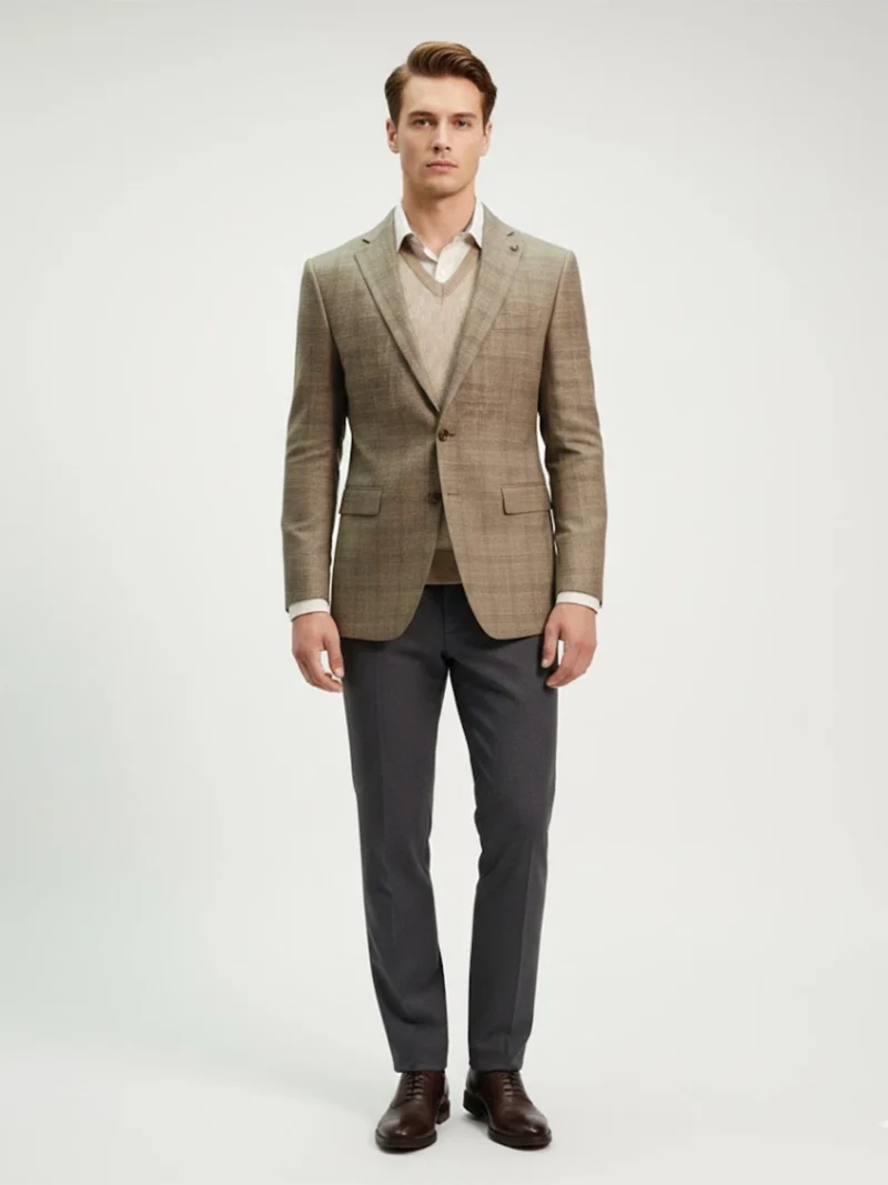 SuitsHeritage Men’s Check Khaki Regular Fit Blazer Front