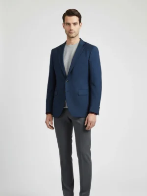 Suitsheritage Men's Plaid Navy Blue Regular Fit Blazer Front