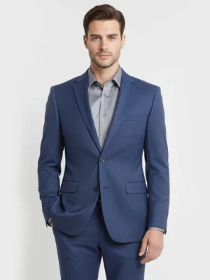 Suitsheritage Men's Textured Navy Blue Regular Fit 2 Piece Suit Main Close up