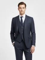 Suitsheritage Men's Check Dark Navy Regular Fit 3 Piece Suit Main Close up