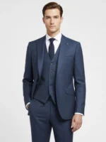 Suitsheritage Men's Checked Navy Blue Regular Fit 3 Piece Suit Closeup