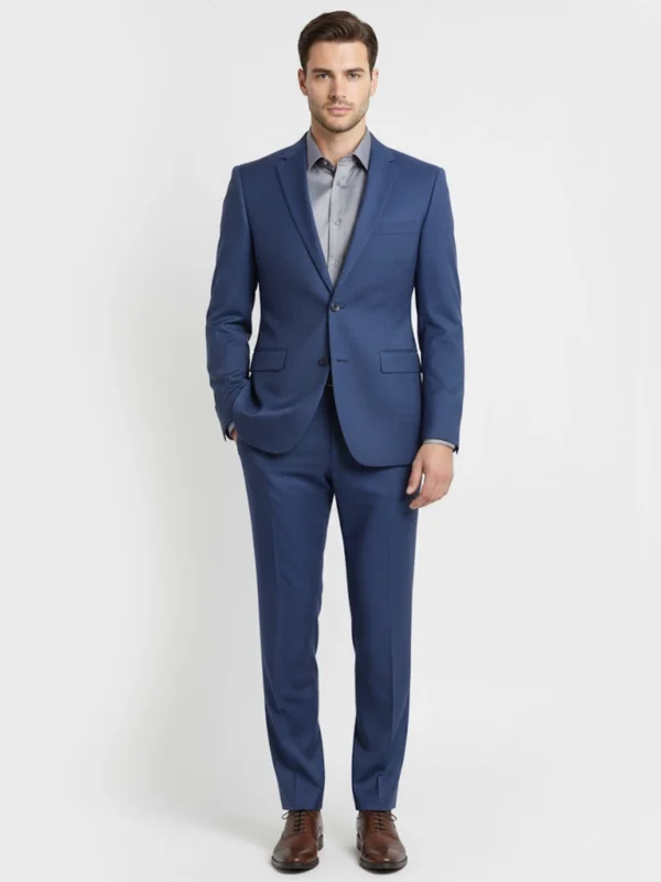 Suitsheritage Men's Textured Navy Blue Regular Fit 2 Piece Suit Main Front