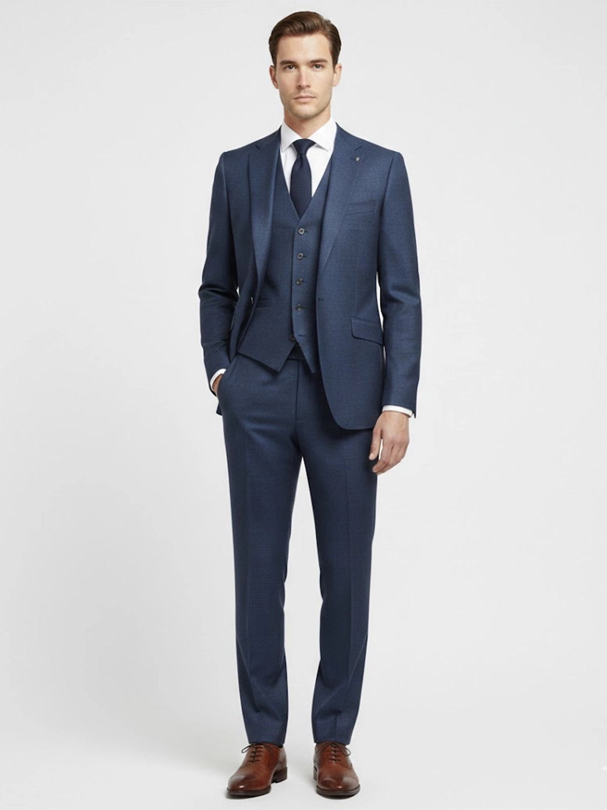 Suitsheritage Men's Checked Navy Blue Regular Fit 3 Piece Suit Front