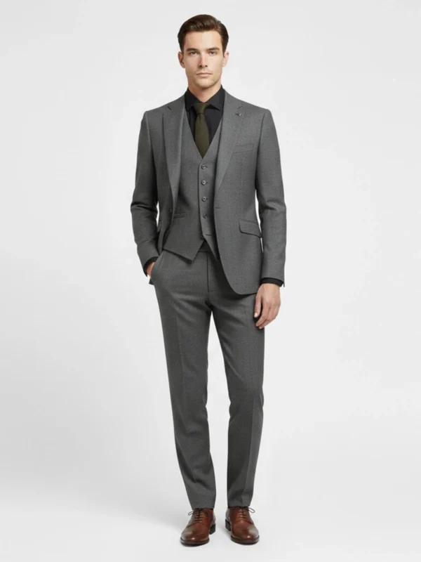 Suitsheritage Men's Textured Dark Grey Slim Fit 3 Piece Suit Front