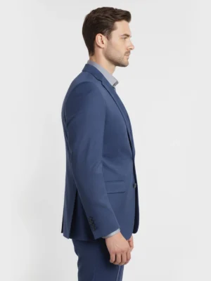 Suitsheritage Men's Textured Navy Blue Regular Fit 2 Piece Suit Side Pose