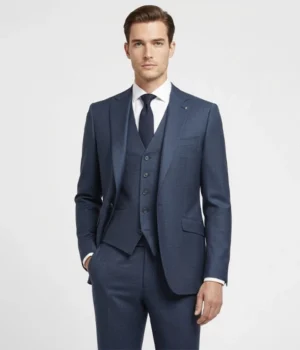 Suit Heritage Men's Checked Navy Blue Regular Fit 3 Piece Suit Close