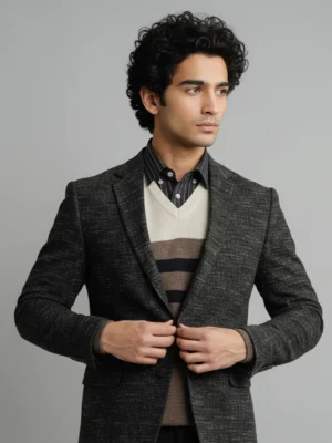 SuitsHeritage Men’s Textured Black Slim Fit Blazer Close