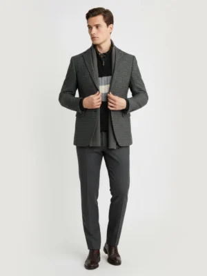 SuitsHeritage Men’s Textured Charcoal Regular Fit Blazer Front