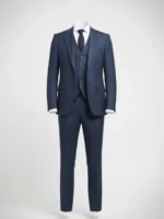 Suitsheritage Men's Checked Navy Blue Regular Fit 3 Piece Suit Main