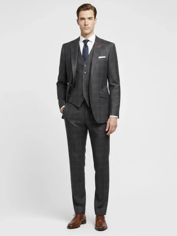 Suitsheritage Men's Check Black Slim Fit 3 Piece Suit front