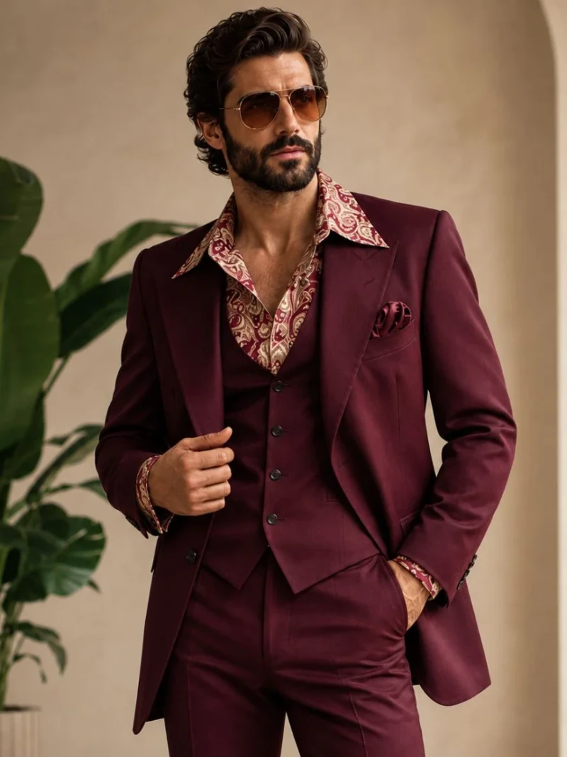 70s Vintage Retro Burgundy 3 Piece Suit