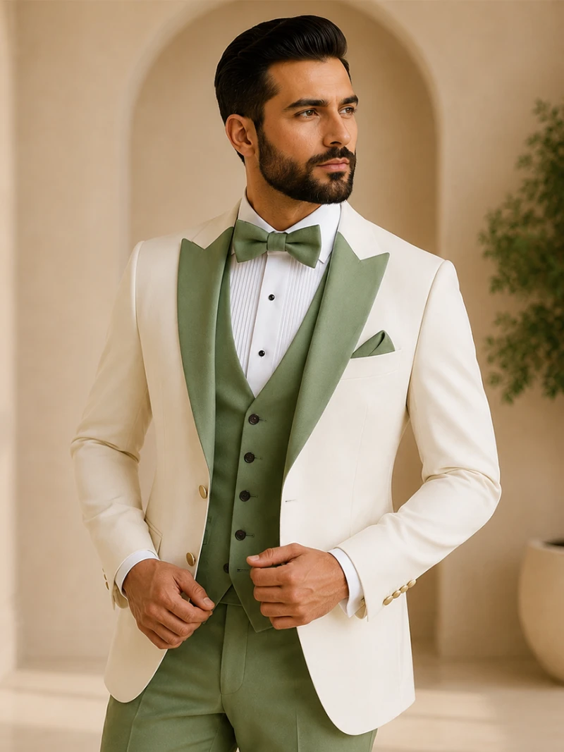 Ivory And Olive Green 3 Piece Dinner Suit