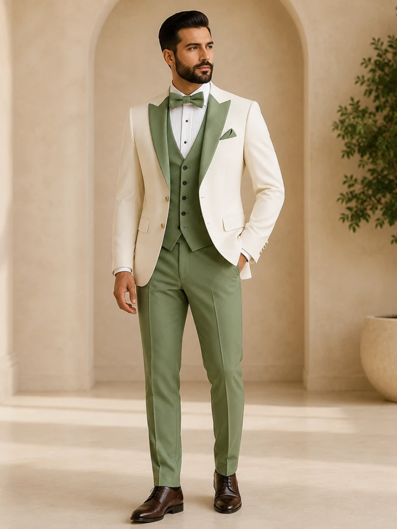 Ivory And Olive Green 3 Piece Dinner Suit Front
