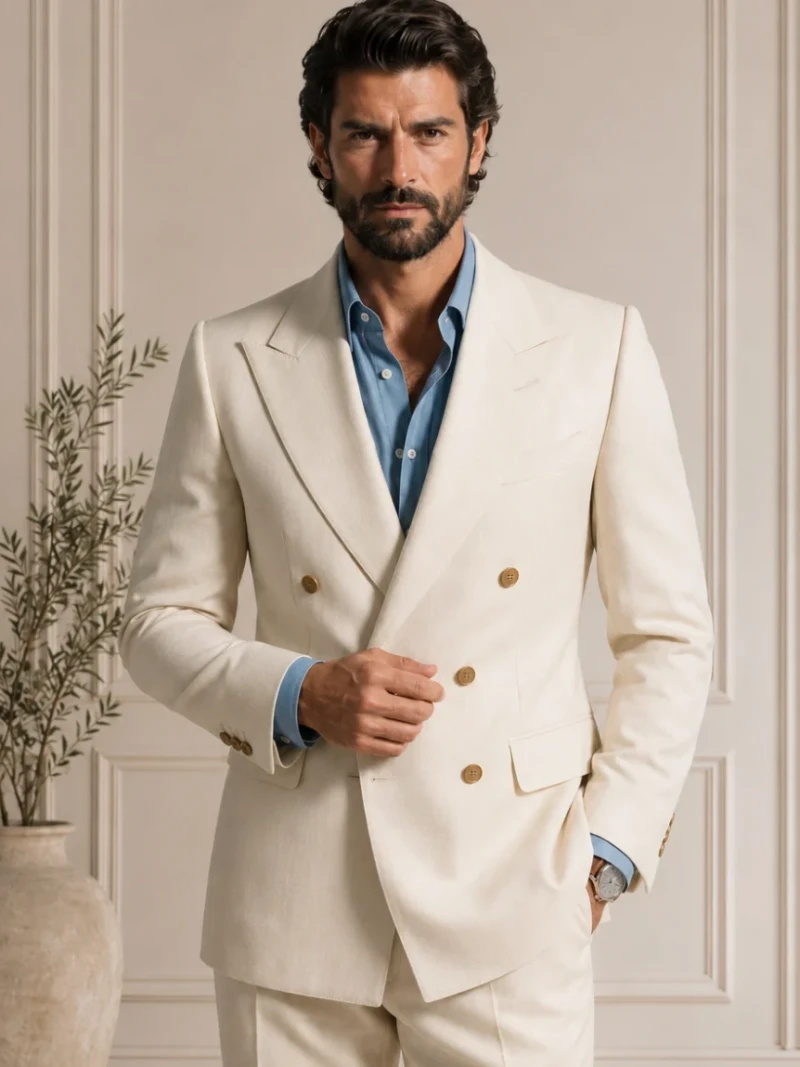 Men’s Cream Double-Breasted 2 Piece Suit