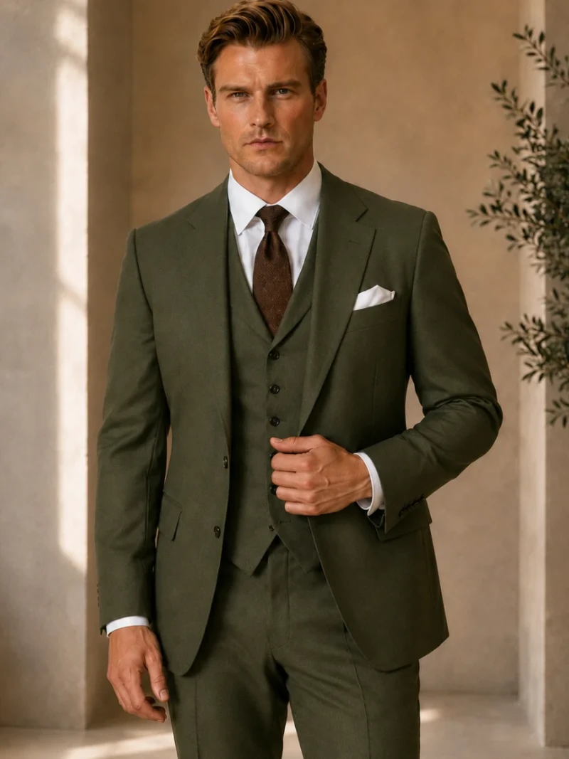 Men’s Olive Green Tweed 3 Piece Suit