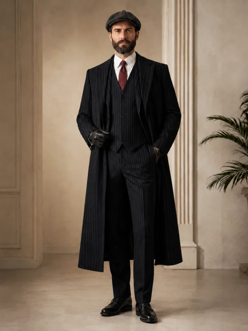Tailored Peaky Blinders Black Pinstriped Overcoat